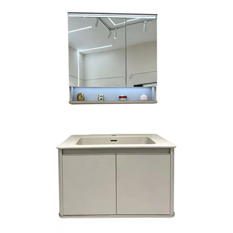 Vaidade de banheiro minimalista de madeira maciça com várias camadas